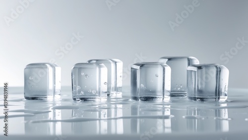 Melting ice cubes with a natural crystal clarity on a white reflective backdrop.