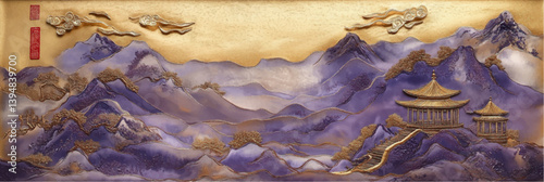 purple vector chinese mountains landscape with pavilions in style of embroidery craft illustration