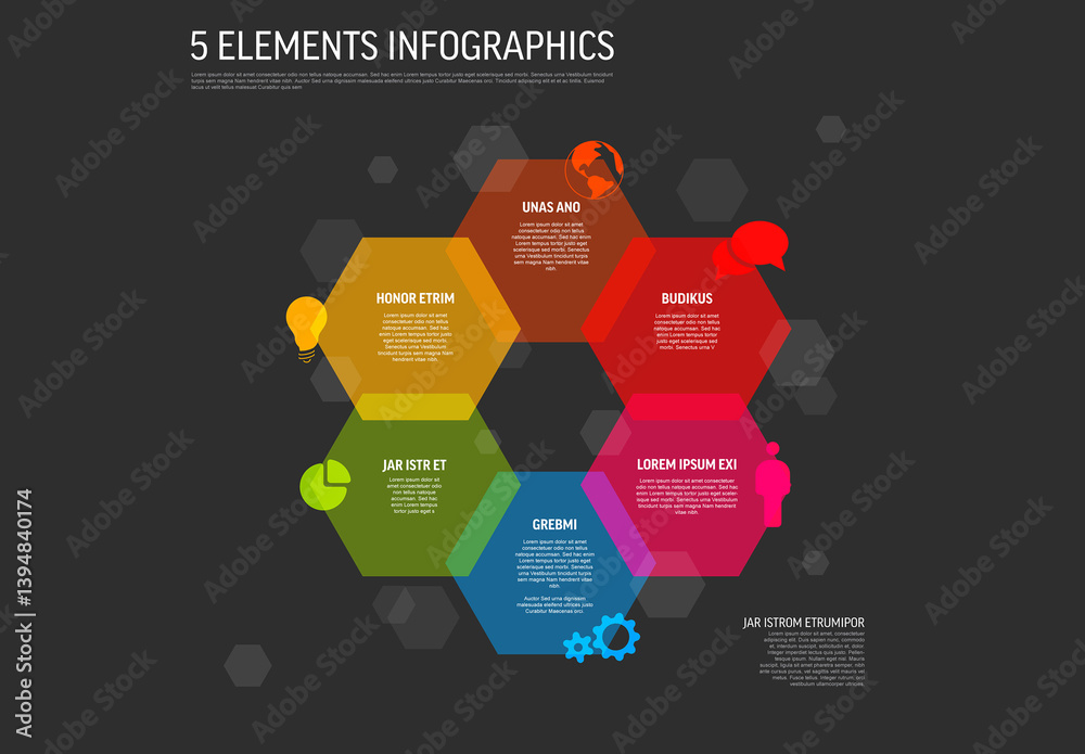 Colorful dark 5 Element Infographic Design Template with flat Hexagon Layout