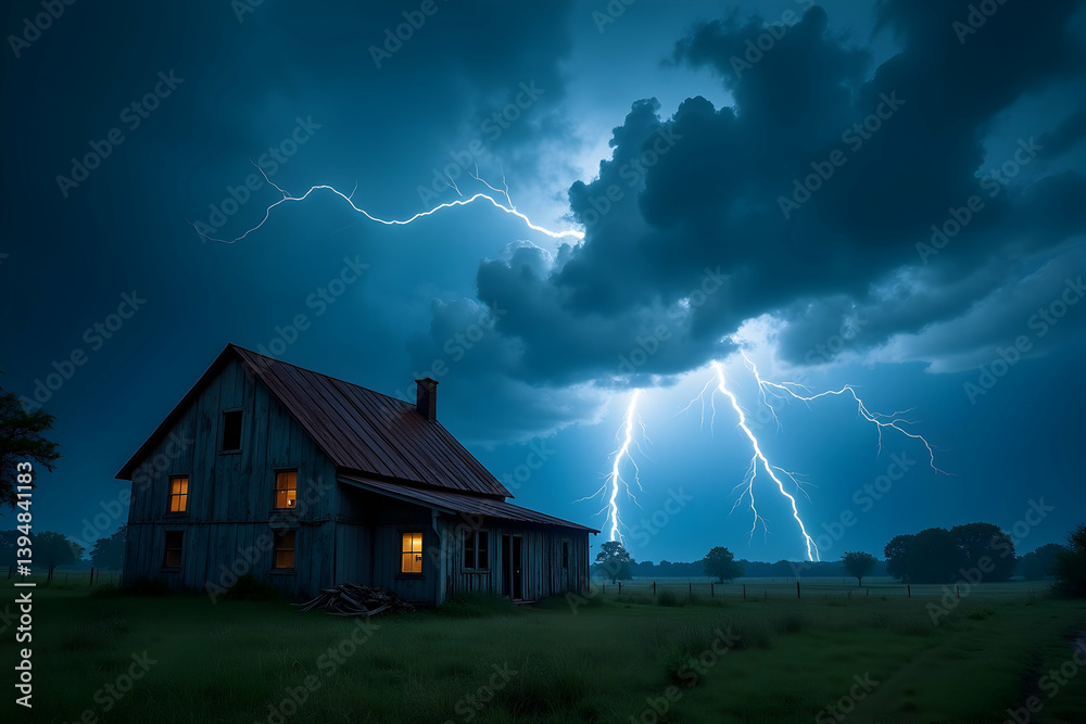 A dramatic thunderstorm illuminates a rural landscape, bolts of lightning electrifying the sky over an old rustic farmhouse, creating a captivating scene