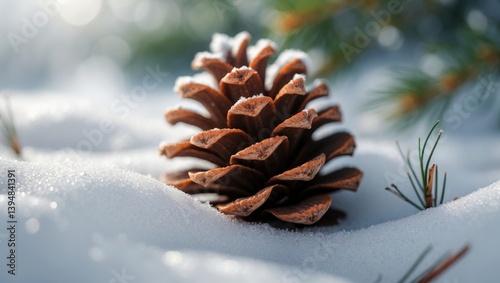 Close-up of a pine cone on frozen snow