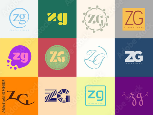 ZG logo company template. Letter z and g logotype. Set different classic serif lettering and modern bold text with design elements. Initial font typography.