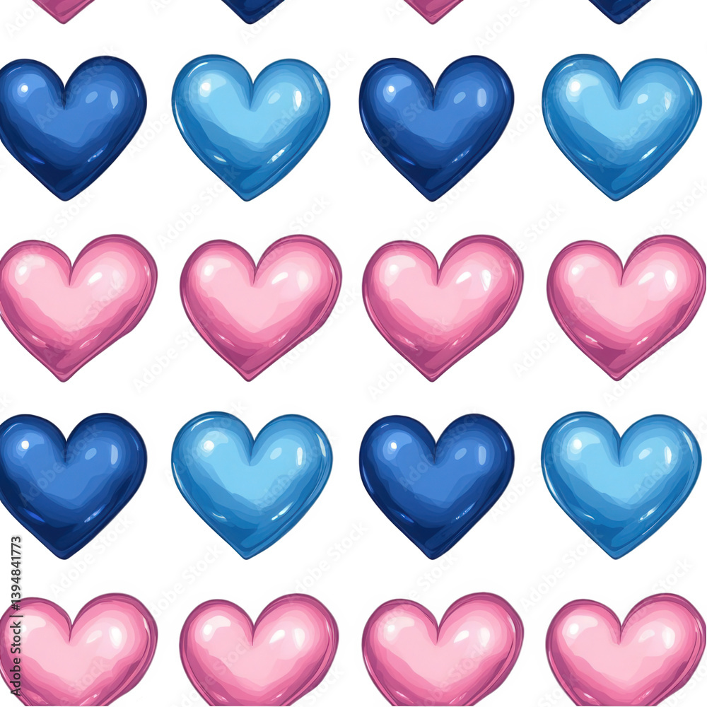 Colorful heart shapes in various shades arranged in a repeating pattern on a white background suitable for digital design or print projects Colorful heart shapes in various shades arranged in a repeating pattern on a white background suitable for digital design or print projects