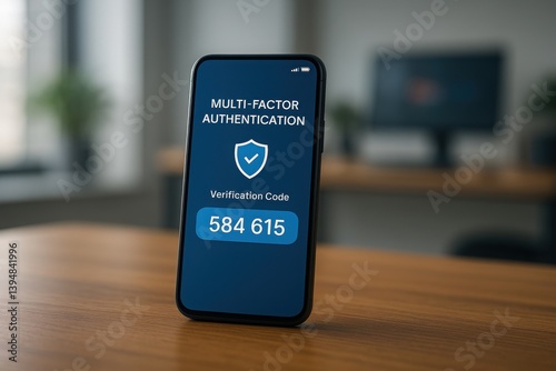 Data protection multi-factor concept. A smartphone displaying a multi-factor authentication screen with a verification code, set against a blurred office background. photo