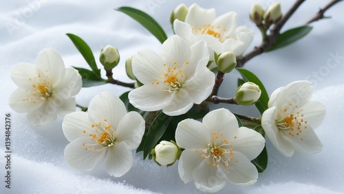 Single isolation of Neroli white flowers and buds against white backdrop. Citrus bloom. Five flowers of the orange tree.