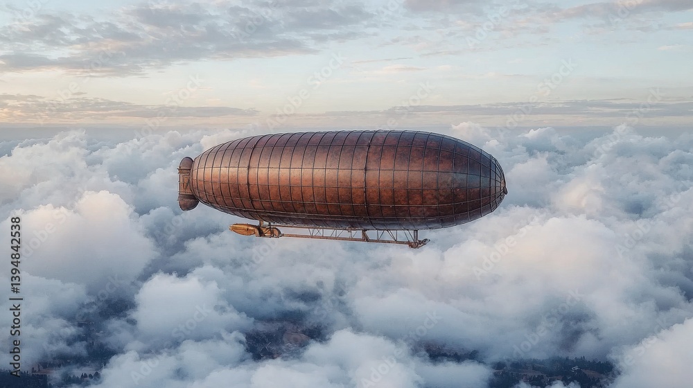 Fototapeta premium Vintage Airship Floating Over Soft White Clouds in Clear Sky
