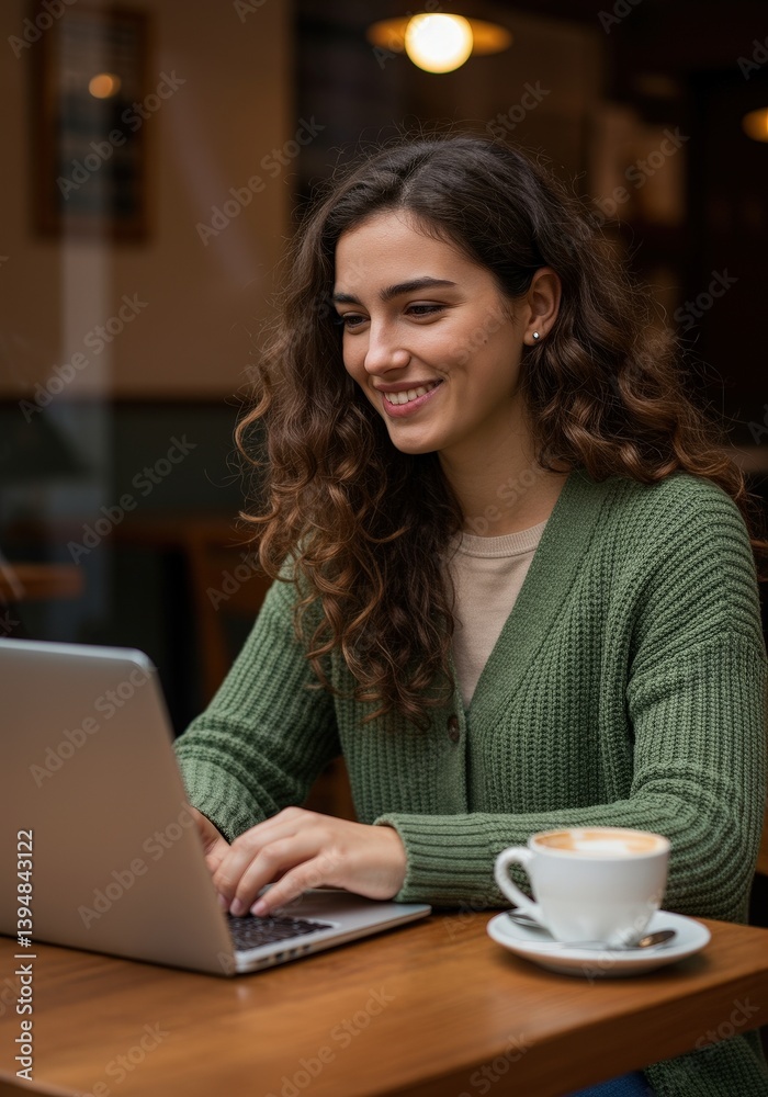 Smiling freelancer working on laptop in cozy cafe with cappuccino Smiling freelancer working on laptop in cozy cafe with cappuccino
