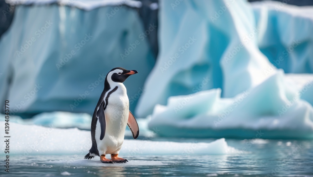 Obraz premium Penguin amidst wildlife, picturesque environment with icebergs
