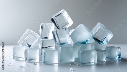 Transparent natural ice cubes on a white backdrop.