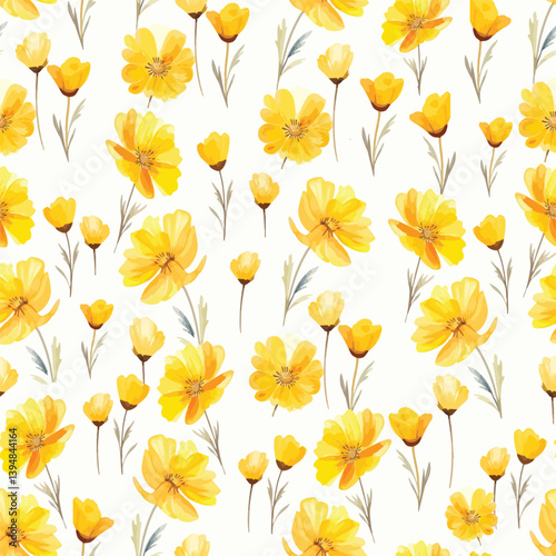 Bright and cheerful seamless pattern of yellow flowers with delicate green leaves on a clean white background. Ideal for adding a touch of sunny nature to any design.