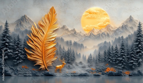 Surreal Golden Feather with Deer Against Mountain Forest and Sun, Dreamy Backdrop