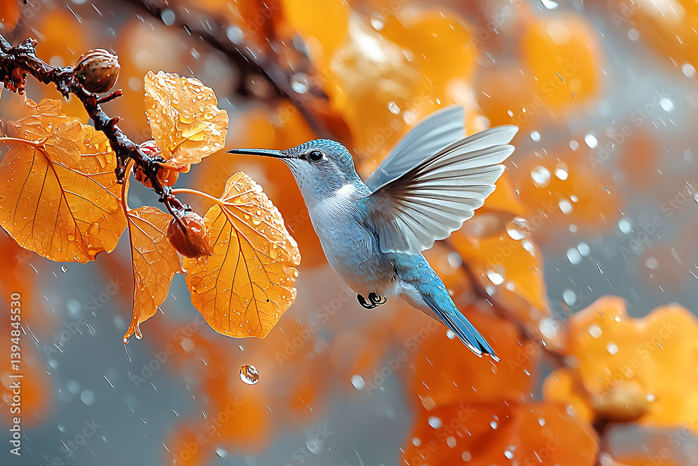 Fototapeta premium A hummingbird in flight, wings outstretched, hovers near rainsoaked autumn leaves.