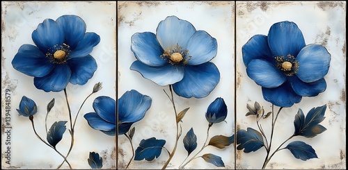 Triptych of Three Blue Flowers with Detailed Petals and Golden Centers