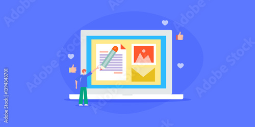Blog content writing and publish on social media, content marketing and email newsletter subscription concept.