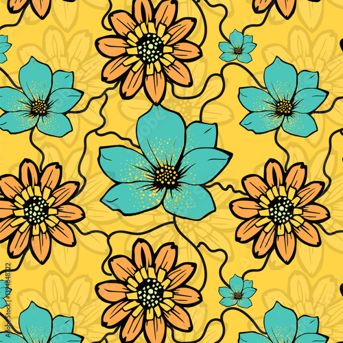 Summer Abstract Flowers seamless pattern with yellow and blue for fashion and fabric printing