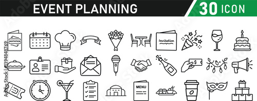 Events and Planning icon set. Includes balloon, confetti, party hat, gift, event ticket, decoration, and more. Editable stroke. Vector illustration