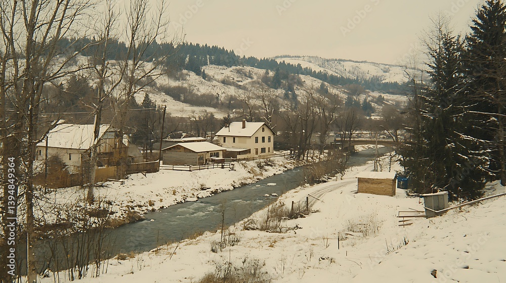 Obraz premium Snowy river valley houses winter landscape