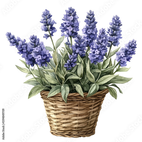 Catmint bouquet in a basket, watercolor illustration, isolated on a white background.


