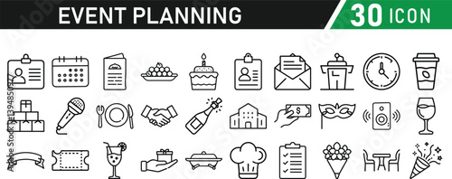 Events and Planning icon set. Includes balloon, confetti, party hat, gift, event ticket, decoration, and more. Editable stroke. Vector illustration