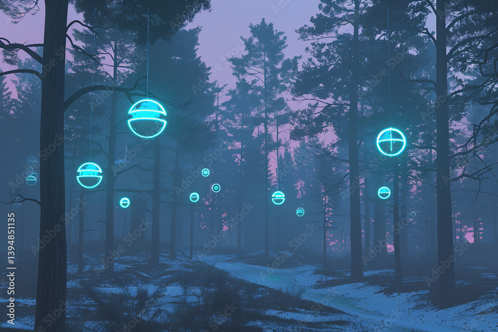 Obraz premium Neon cyber-forest with robotic branches and hovering AI orbs 8K ultra detail