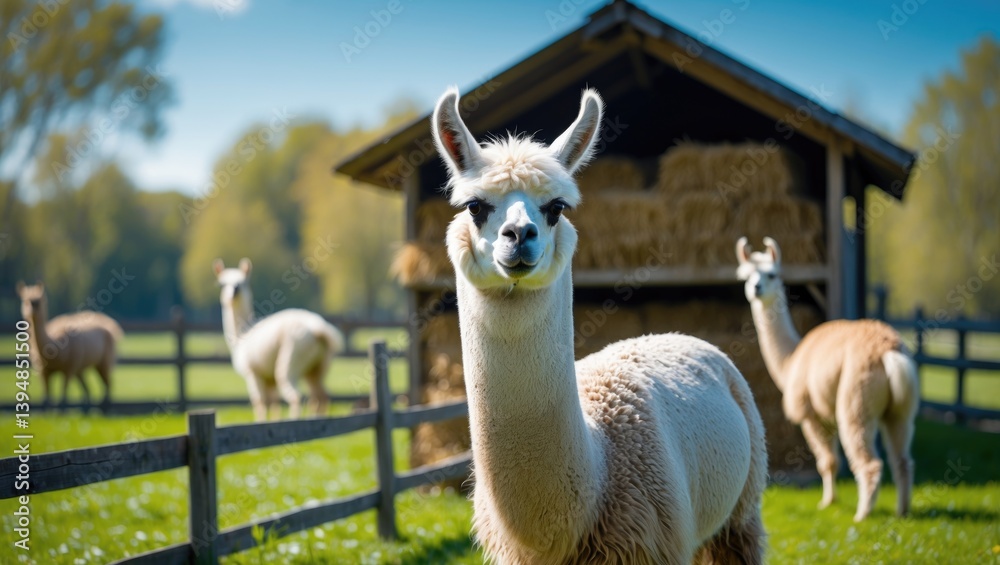 Obraz premium Domestic Llama on a Farm - Photo featuring a llama with a softly out-of-focus scenery of grass and trees.