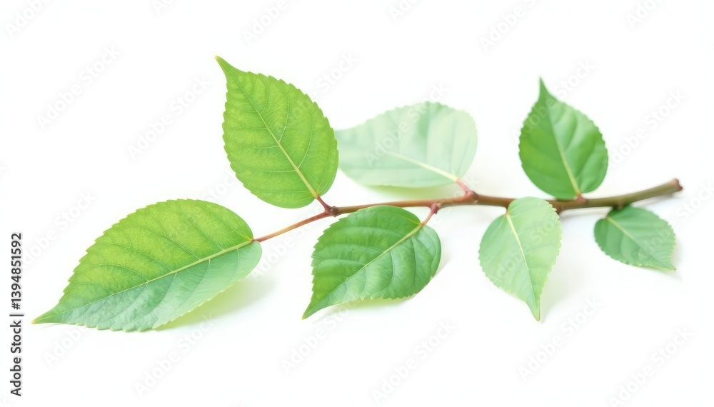 Delicate leaves and stems on a single branch isolated on white background, botanical, greenery Delicate leaves and stems on a single branch isolated on white background, botanical, greenery
