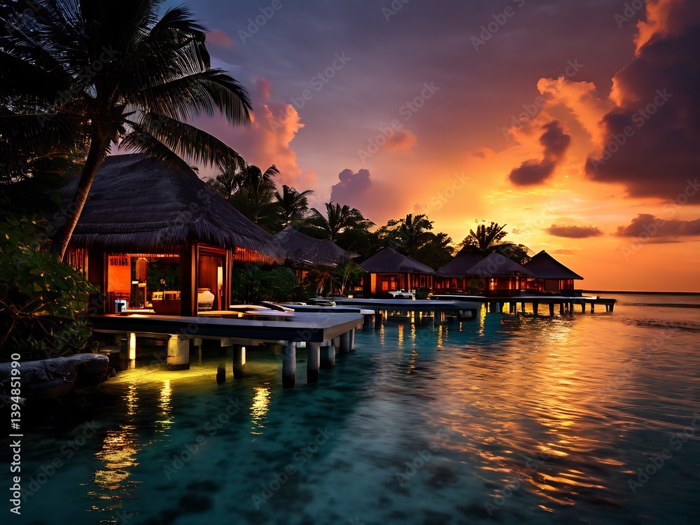 Fototapeta premium Tropical Sunset Overwater Bungalows