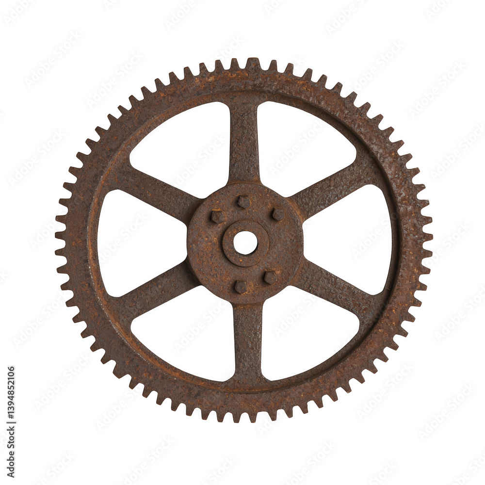 Obraz premium Rusty metal gear on a white isolated background, showcasing the texture and wear of time. Perfect for industrial concepts or vintage machinery themes.