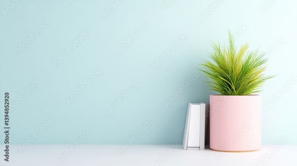 Simple, minimalist plant display on a light-blue wall Simple, minimalist plant display on a light-blue wall