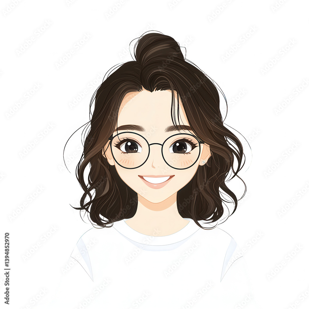 Obraz premium Smiling young woman with curly hair and glasses, portrayed in a friendly and cheerful manner, white isolate background.