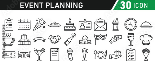 Events and Planning icon set. Includes balloon, confetti, party hat, gift, event ticket, decoration, and more. Editable stroke. Vector illustration