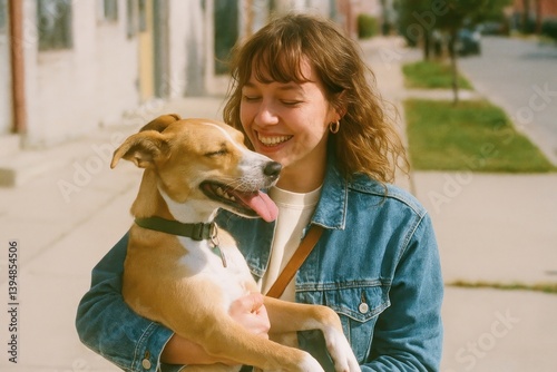 Joyful woman holding happy dog