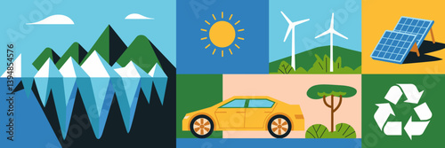Minimalist global warming icons with glacier, carbon footprint, and clean energy