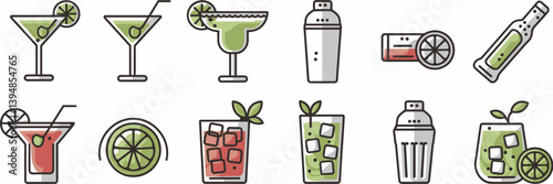 Cocktail mixology icons including martinis, mojitos, margaritas, and shakers – Great for bar graphics, mixology courses, or beverage branding