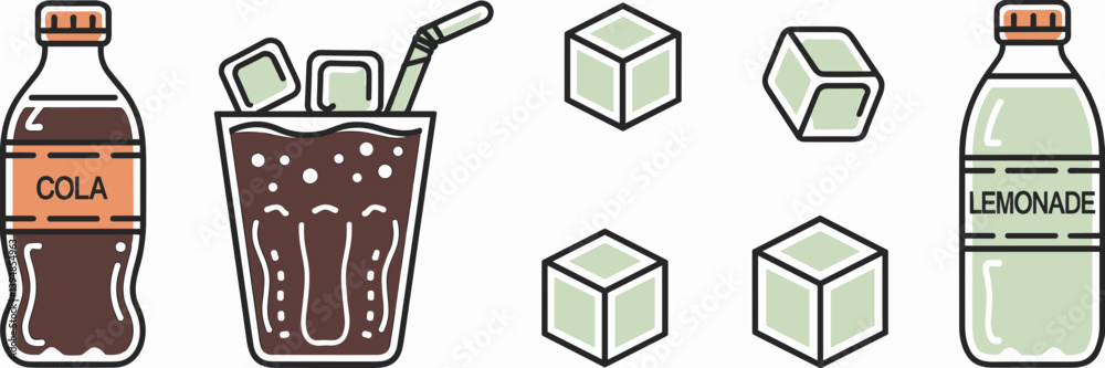 Vector icon set of cola, lemonade, straw, and ice cubes – Great for soda branding, drink packaging, or summer refreshment ads Vector icon set of cola, lemonade, straw, and ice cubes – Great for soda branding, drink packaging, or summer refreshment ads