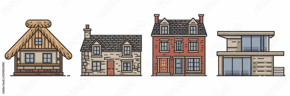 Fototapeta premium Vector icon set of traditional house, cottage, townhouse, and modern villa – Great for architecture infographics, real estate visuals, or housing-themed interfaces