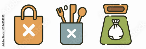 Clean icon set of zero waste practices with reusable bag and compost bin