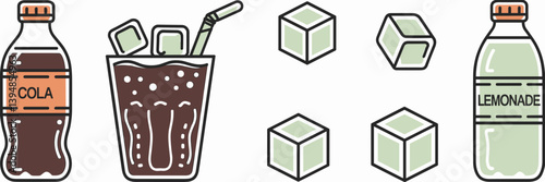 Vector icon set of cola, lemonade, straw, and ice cubes – Great for soda branding, drink packaging, or summer refreshment ads