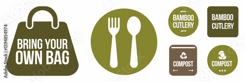 Zero waste icon set with reusable bag, bamboo cutlery, and compost bin