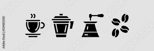 Coffee icon set featuring espresso cup, takeaway mug, barista tool, and beans on white background