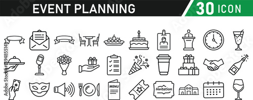 Events and Planning icon set. Includes balloon, confetti, party hat, gift, event ticket, decoration, and more. Editable stroke. Vector illustration