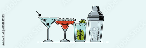 Vector mixology set with martini, margarita, mojito, and shaker – Suitable for drink infographics, bar logos, or social media content