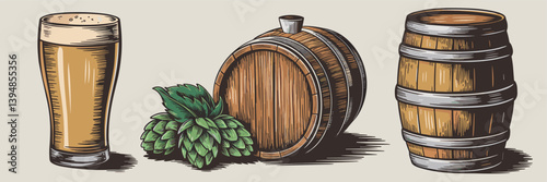 Hand-drawn vector illustration of craft beer set – Perfect for rustic bar branding, artisanal beer packaging, or vintage drink posters