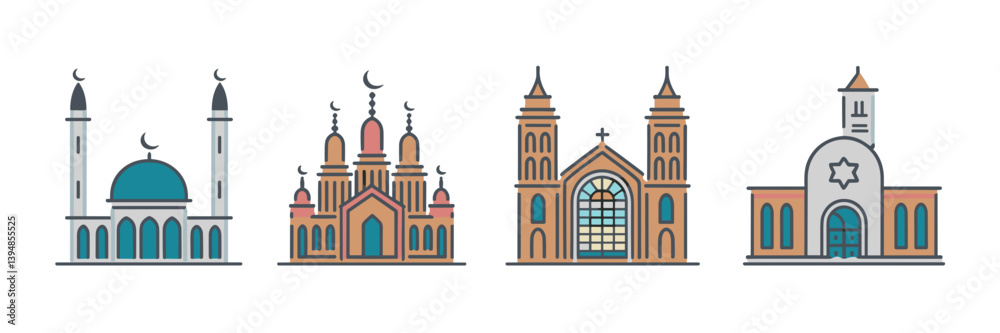 Religious architecture icons with stained glass and towers – Great for religious tourism, cultural publications, or architecture studies Religious architecture icons with stained glass and towers – Great for religious tourism, cultural publications, or architecture studies