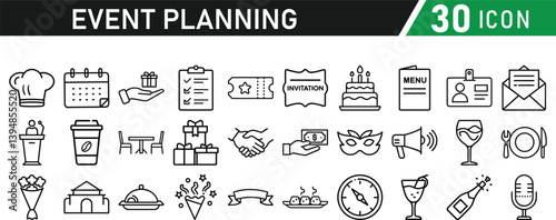 Events and Planning icon set. Includes balloon, confetti, party hat, gift, event ticket, decoration, and more. Editable stroke. Vector illustration