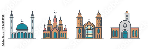 Religious architecture icons with stained glass and towers – Great for religious tourism, cultural publications, or architecture studies
