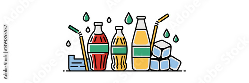 Vector soft drink icon set with cola, lemonade, straws, ice cubes, and droplets