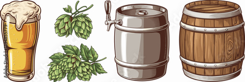 Craft beer icon set with pint glass, keg, hops, and brewery barrel – Perfect for brewery promotions, craft beer branding, or bar and restaurant marketing.