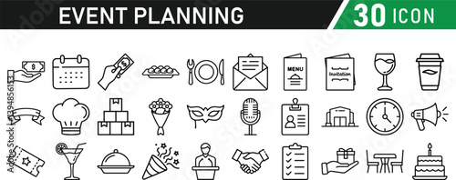 Events and Planning icon set. Includes balloon, confetti, party hat, gift, event ticket, decoration, and more. Editable stroke. Vector illustration