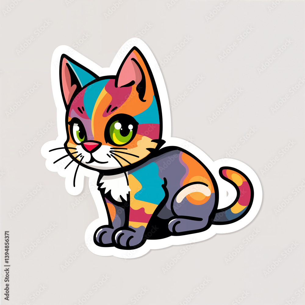 Fototapeta premium multicolored cat sticker, with white border, on a dark background